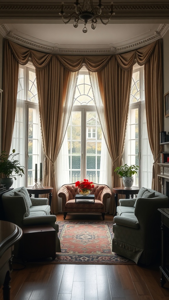 An elegant living room with golden drapery framing large windows, featuring classic furniture and warm lighting.