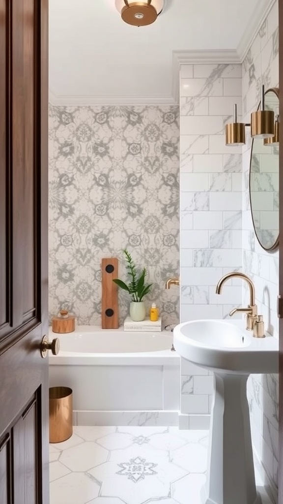 A small elegant bathroom with marble tiles, a patterned wall, and gold fixtures.