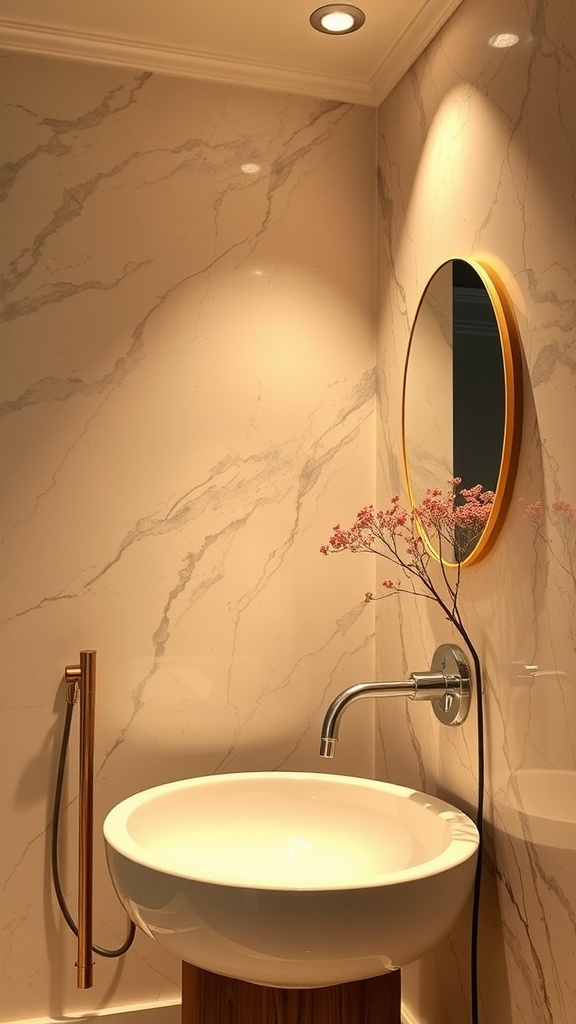 Elegant bathroom with marble walls, wooden accents, and a stylish round mirror.