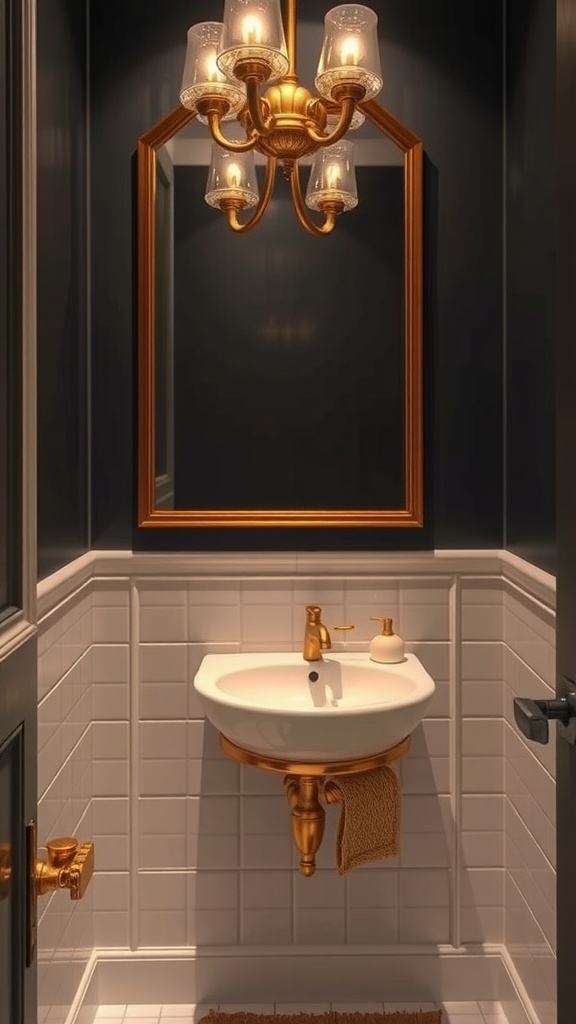 A small bathroom featuring a gold chandelier, ornate mirror, and elegant sink.