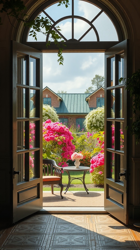 Elegant French doors opening to a vibrant garden with pink flowers and a cozy seating area.