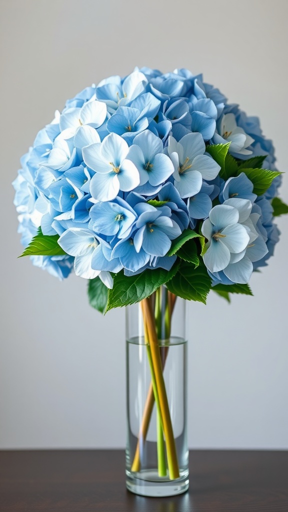 A vibrant arrangement of blue hydrangeas in a clear vase with green leaves