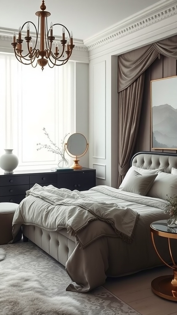 Elegant monochromatic bedroom with plush bedding, a chandelier, and stylish decor