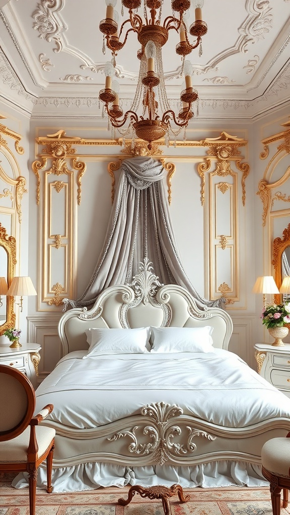 A Rococo inspired elegant bedroom featuring an ornate bed, a chandelier, and intricate wall designs.