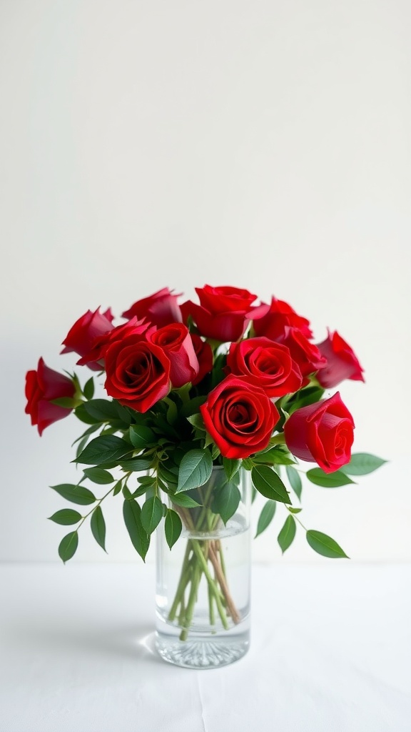 A beautiful arrangement of red roses in a clear glass vase with leafy greens