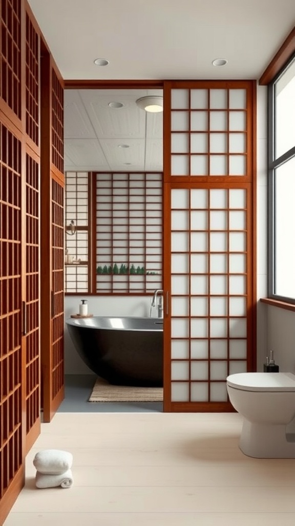 A Japanese bathroom featuring elegant wooden screens, a black bathtub, and a clean design.