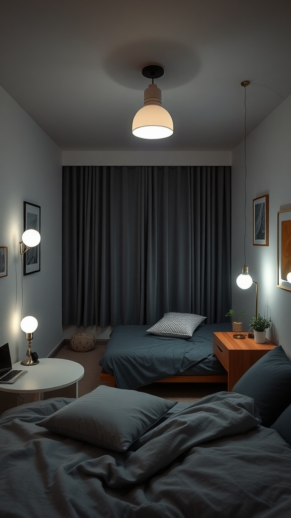 Cozy small bedroom featuring smart lighting and a modern vibe.