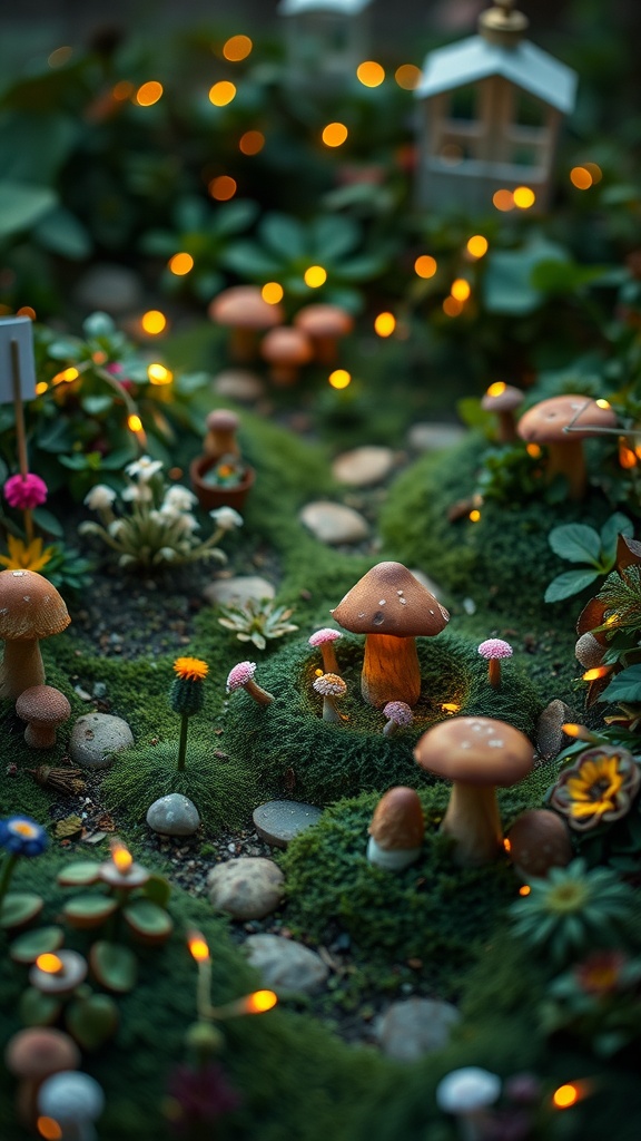 A whimsical garden scene featuring colorful mushrooms and fairy lights.