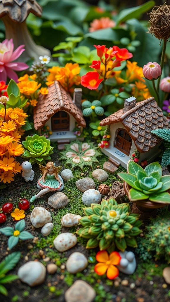 A vibrant miniature fairy garden with colorful flowers, tiny houses, and a fairy figurine.