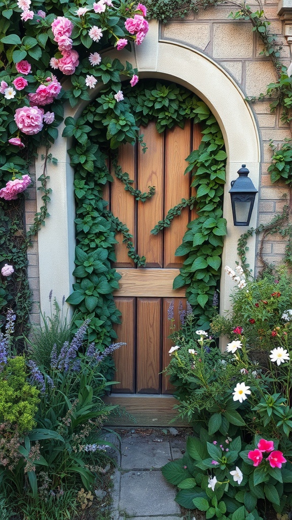 An overgrown wooden door surrounded by vibrant flowers and greenery.