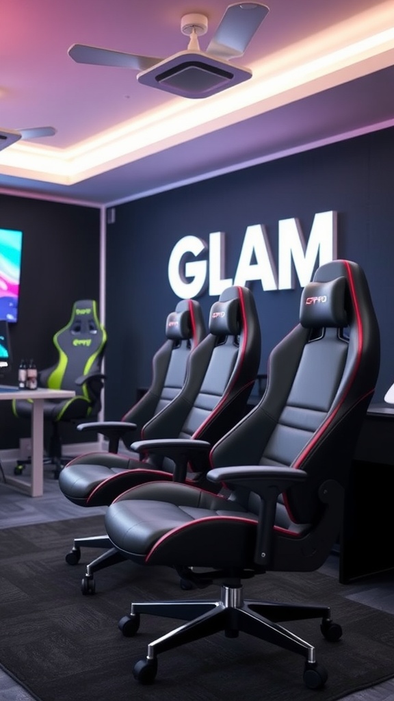 A stylish gaming room featuring ergonomic chairs designed for comfort during long gaming sessions.