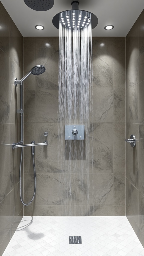 Modern ensuite bathroom shower featuring an overhead rain shower head and sleek fixtures.