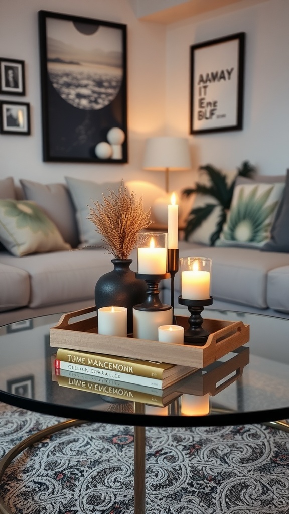 A cozy living room centerpiece featuring candles, a black vase, and stacked books on a coffee table.