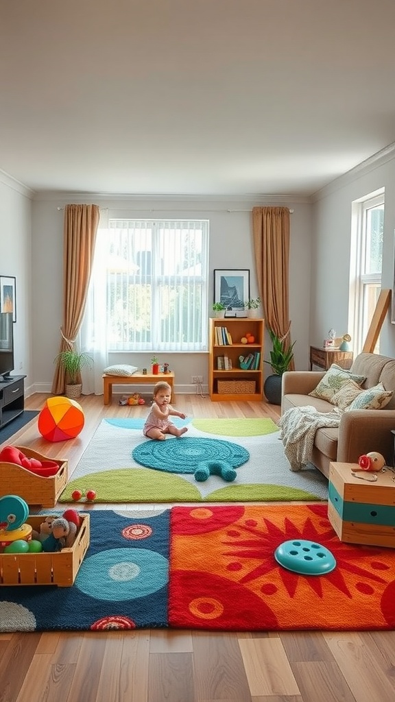 A family-friendly living room with colorful rugs, toys, and a child playing in the center.