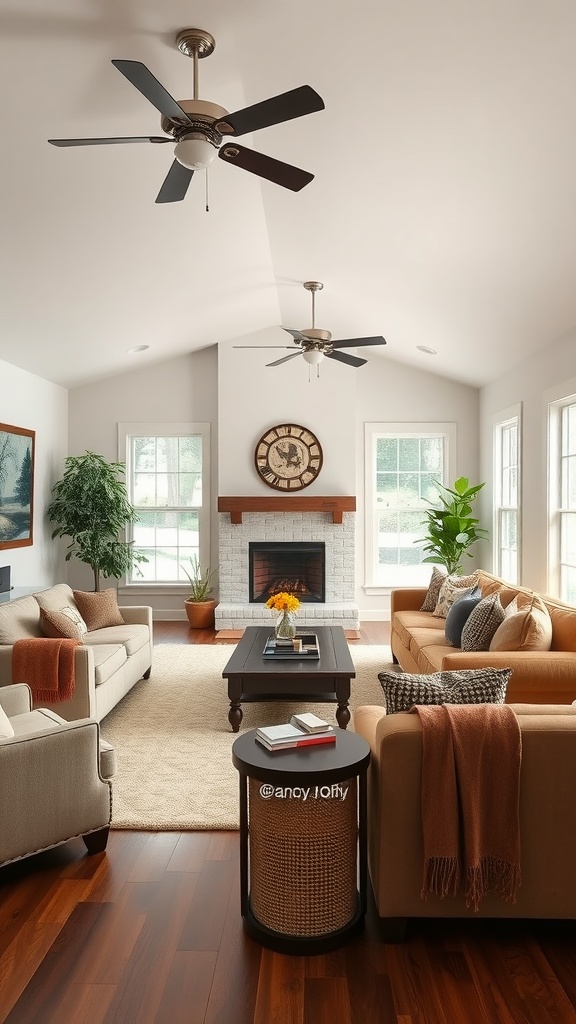 Cozy ranch-style living room with comfortable seating, large windows, and warm decor