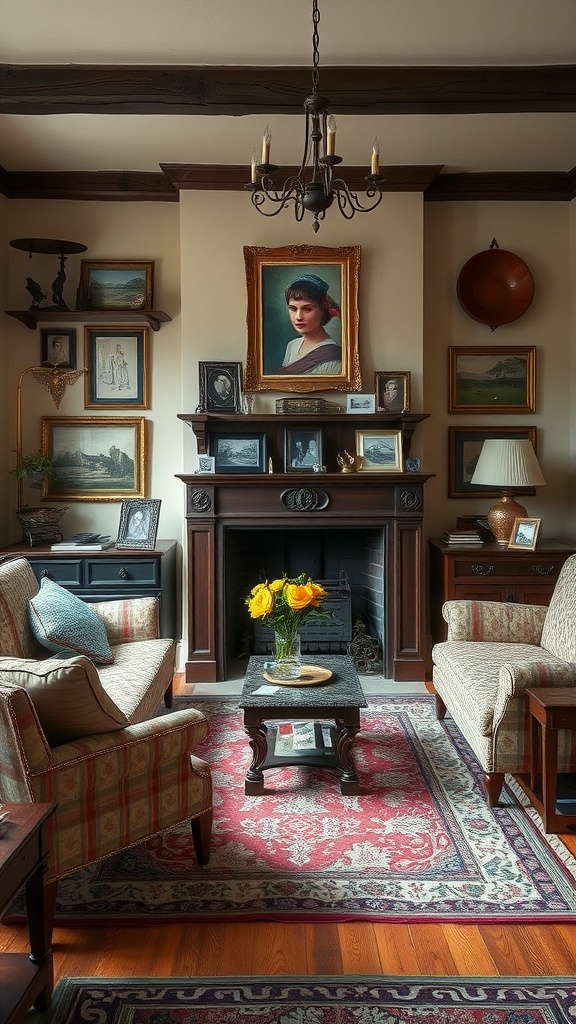 An Old English living room featuring a cozy fireplace, vintage portraits, and classic furniture.