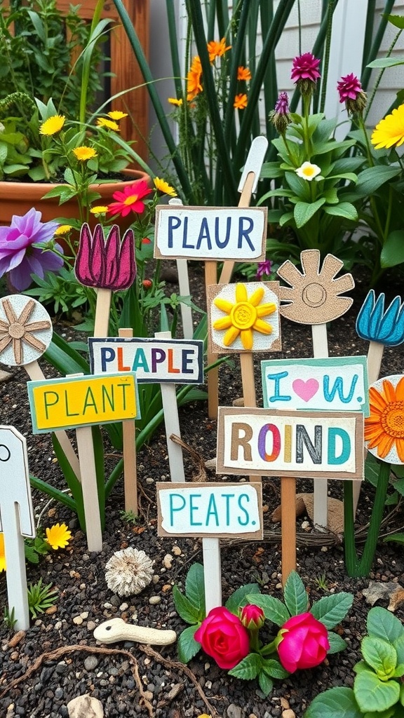 Colorful and whimsical plant labels in a garden setting.