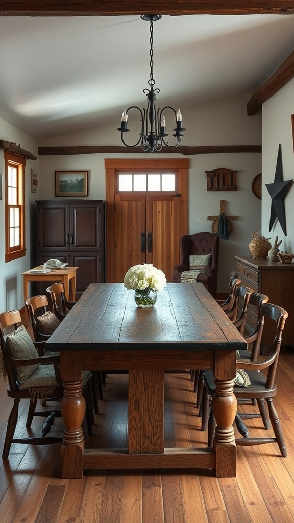 Cozy farm-style dining space featuring a large wooden table, comfortable chairs, and rustic decor.