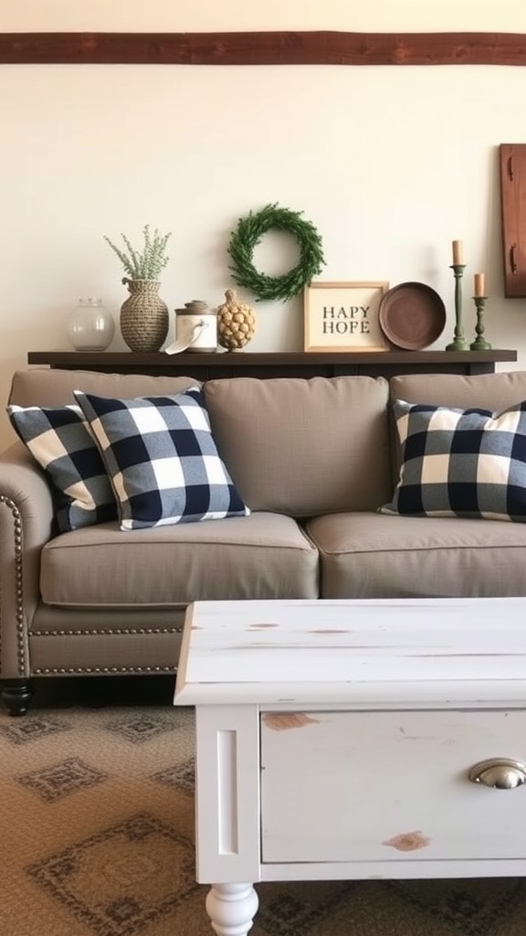 Cozy farmhouse-style living room with a beige sofa, plaid throw pillows, and a rustic coffee table.