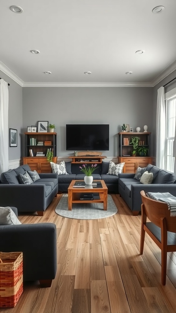 Living room with dark gray couch and wooden elements, featuring a wooden coffee table and shelves with plants.