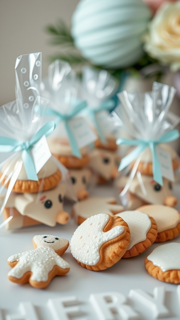 Decorative baby shower cookie favors wrapped in clear cellophane with blue ribbons, featuring cute animal designs and simple shapes.