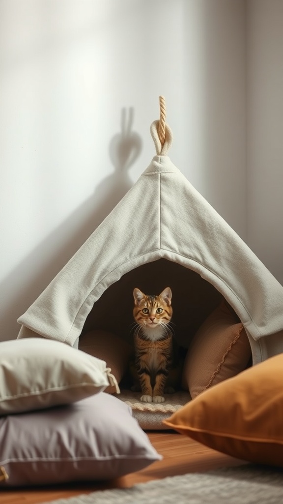 A cozy felt cat tent with a playful cat inside and colorful pillows around.