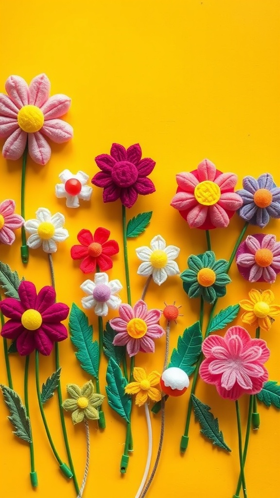 Colorful felt flower pins arranged on a bright yellow background