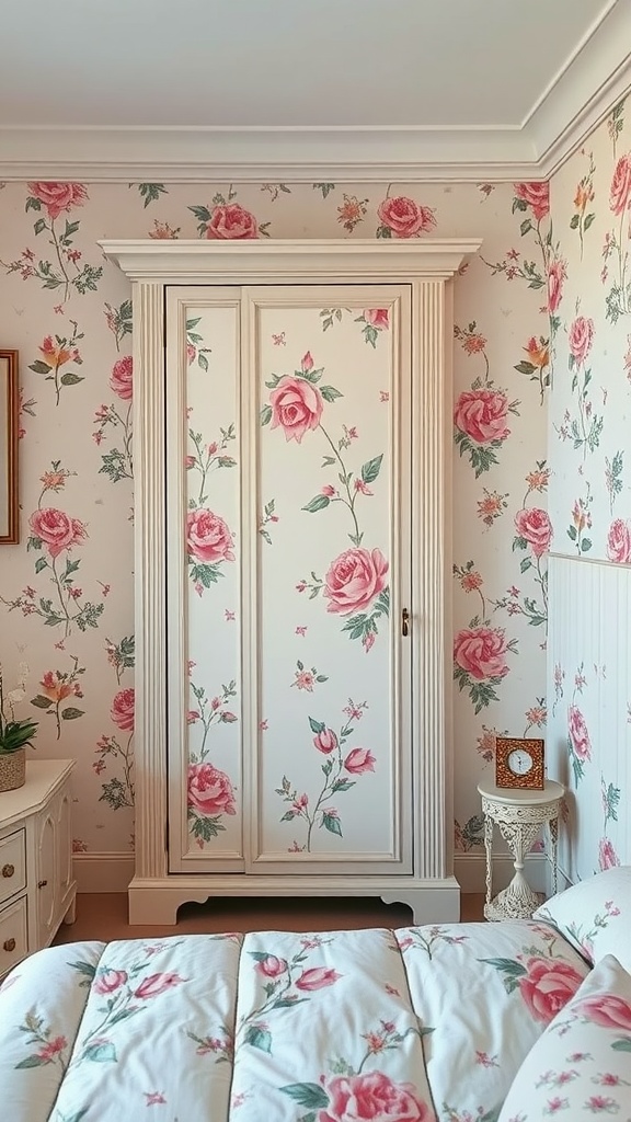 A feminine floral wardrobe with matching wallpaper in a cozy bedroom setting