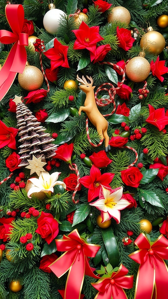 A festive holiday floral display featuring red roses, amaryllis, gold ornaments, and a wooden reindeer.