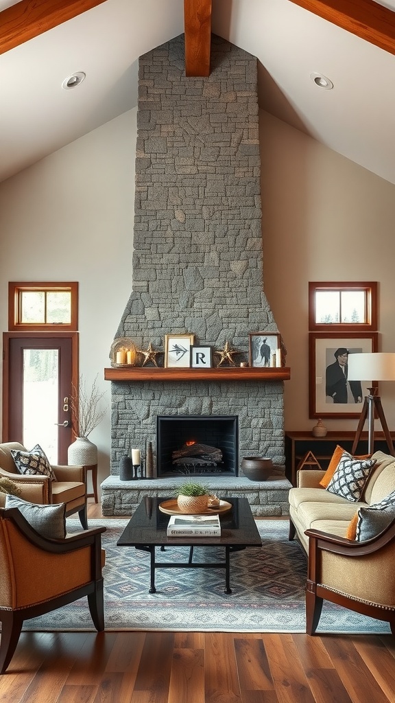 A modern western living room featuring a tall stone fireplace as a focal point, surrounded by comfortable seating and decor.