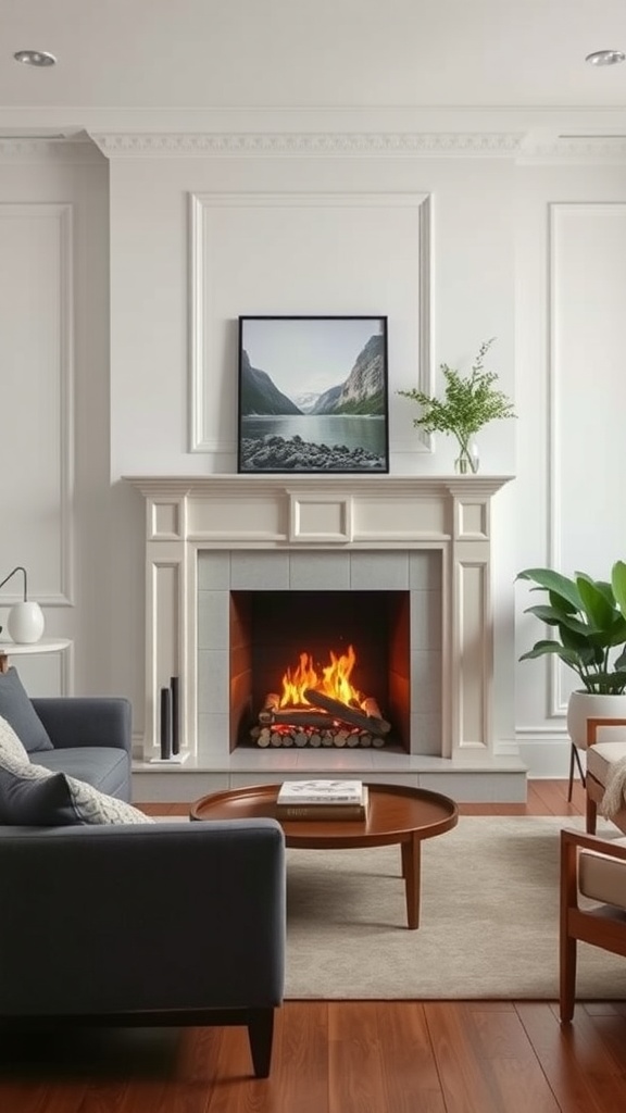 Elegant living room featuring a fireplace as the focal point, with a cozy atmosphere and thoughtful decor.