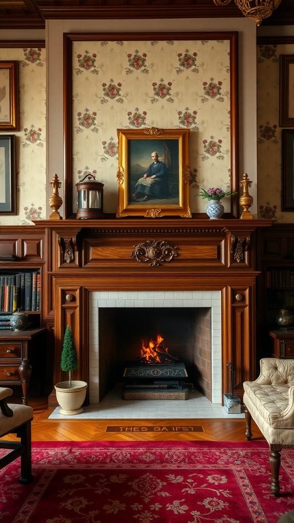 A cozy English living room with a classic wooden fireplace, floral wallpaper, and decorative mantle.