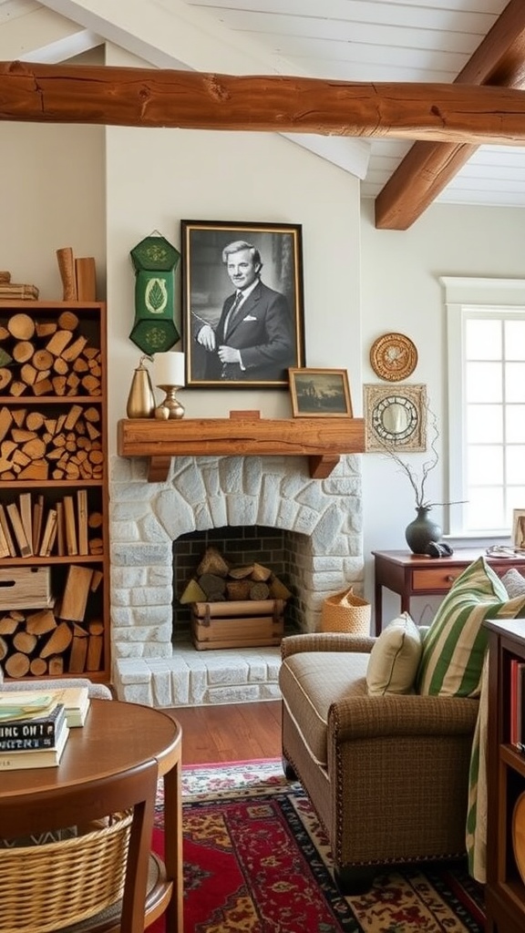 A ranch-style living room featuring organized firewood storage, a stone fireplace, and warm decor.