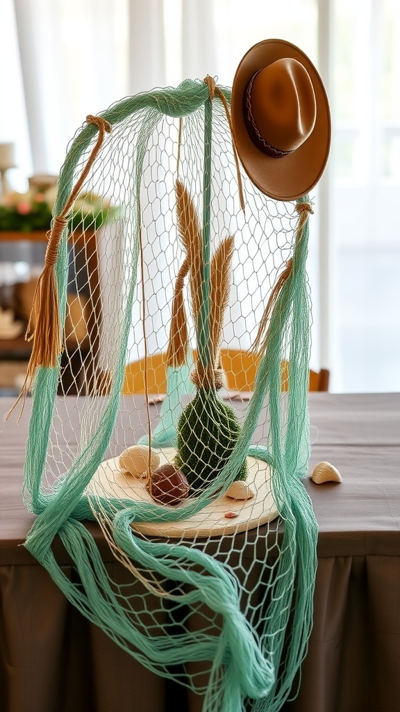 A cowboy-themed centerpiece featuring a fishing net, a cowboy hat, and seashells on a table.