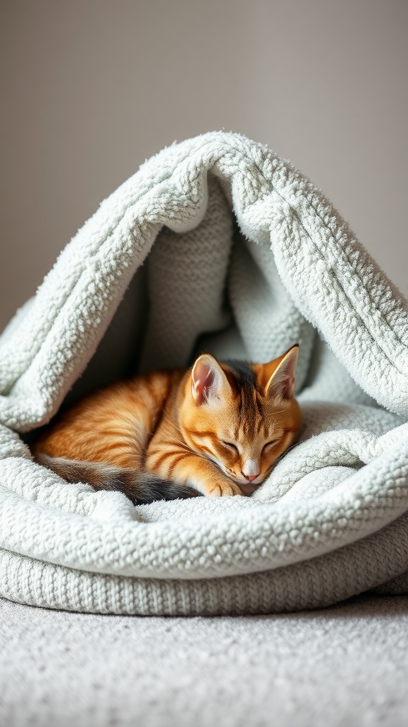 A cat sleeping in a cozy fleece blanket bed.