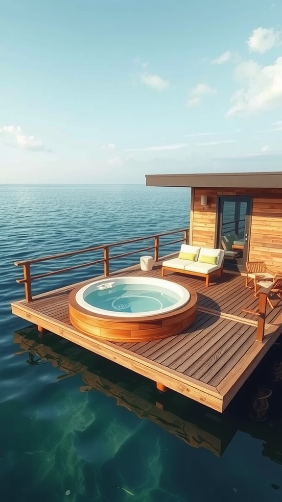 Floating wooden deck with a spa and seating area over clear water