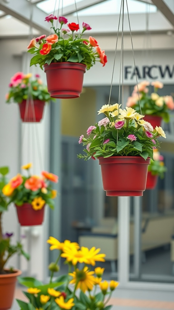 Hanging red planters with colorful flowers in a garden setting