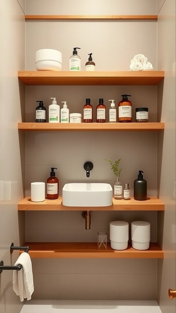 Image of floating wooden shelves in a bathroom displaying skincare products and a white sink.