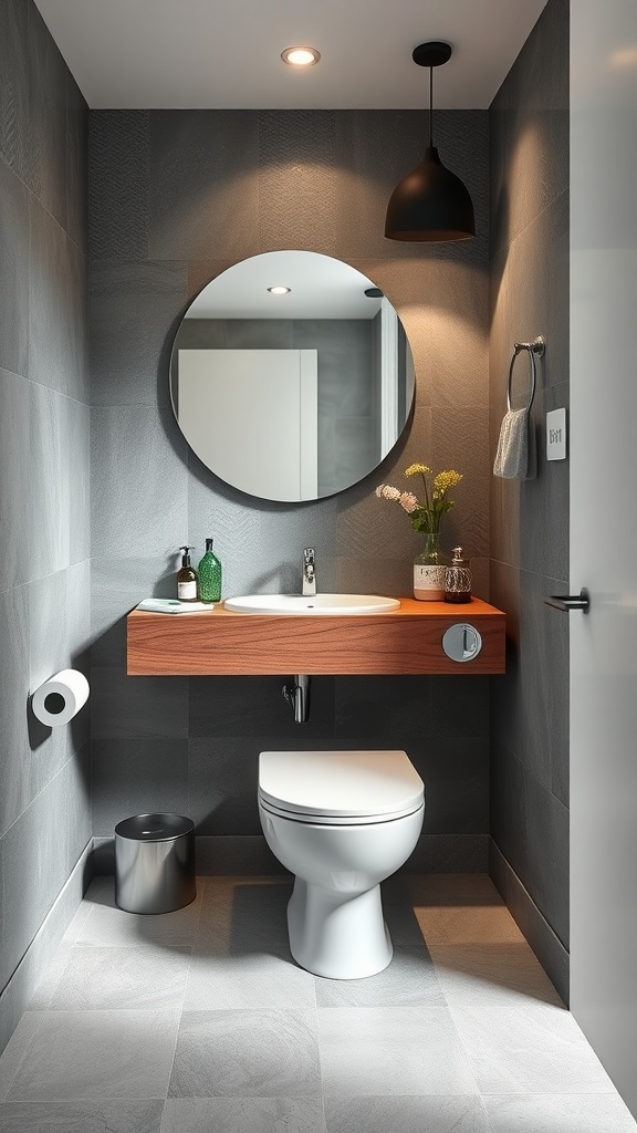 A small, modern downstairs toilet featuring a floating wood vanity, circular mirror, and sleek decor.