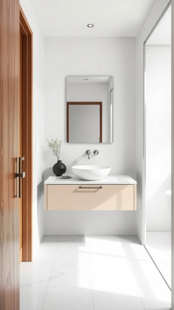 A modern small bathroom featuring a floating vanity with a round basin, a mirror, and minimal decor.