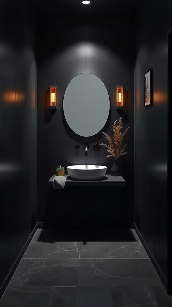 A small dark bathroom featuring a floating vanity with a round mirror and modern lighting.