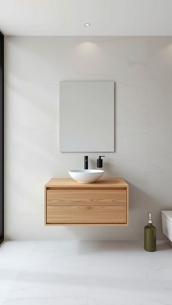 A minimalist floating vanity in a small bathroom, featuring a light wood finish, white basin, and dark fixtures.