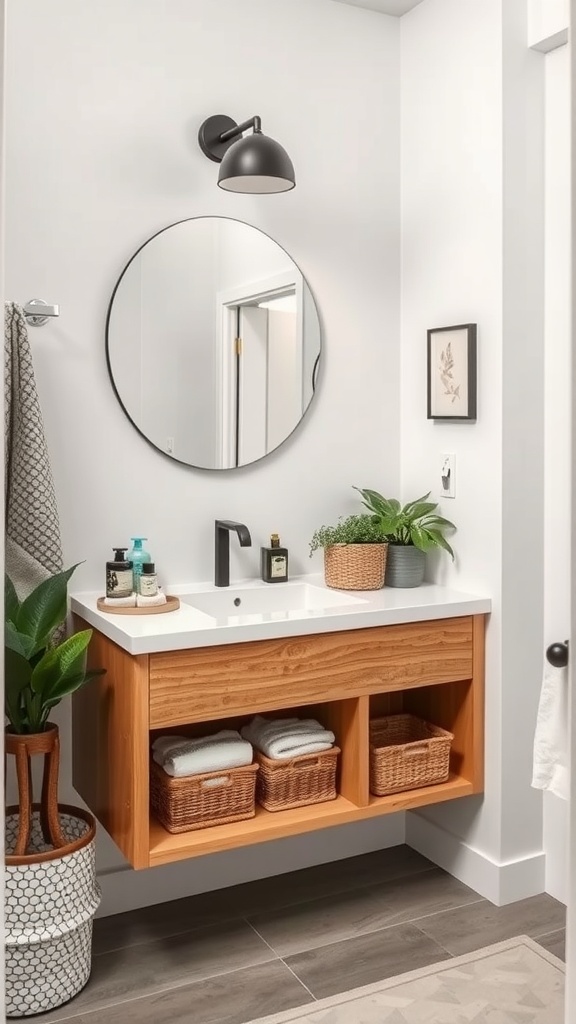 A modern small bathroom featuring a floating vanity with storage, plants, and stylish lighting.