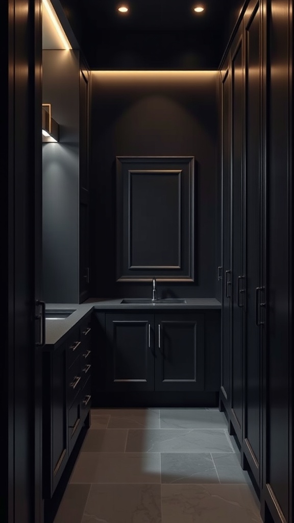 A dark bathroom featuring floor-to-ceiling cabinets with subtle lighting.