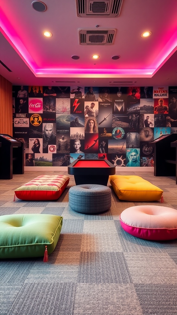 Colorful floor cushions arranged in a gaming room with a vibrant wall and pool table.