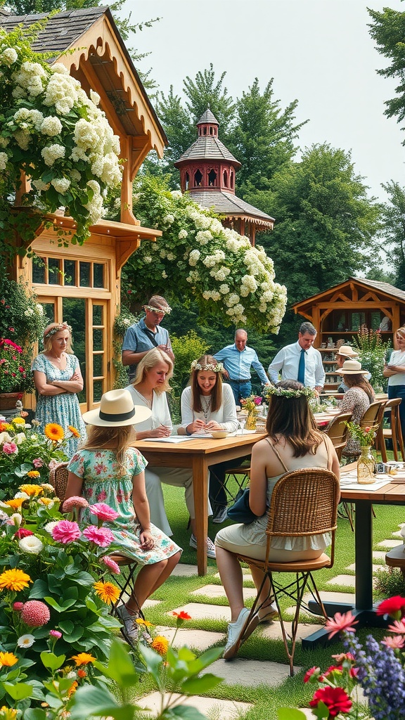 A floral crown workshop in a vibrant garden with participants crafting crowns at wooden tables surrounded by flowers.