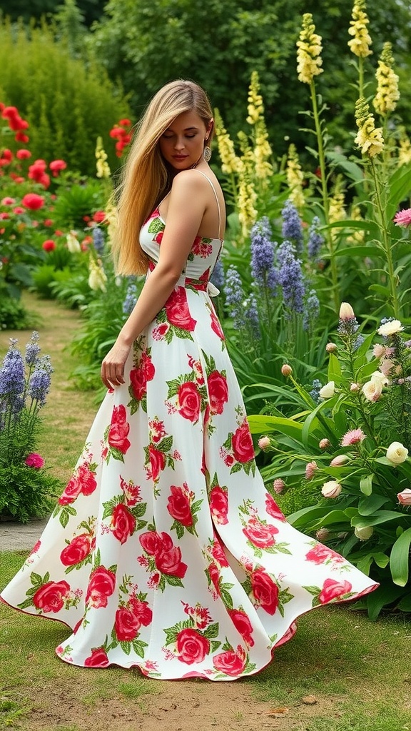 A woman in a floral maxi dress surrounded by colorful flowers in a garden.