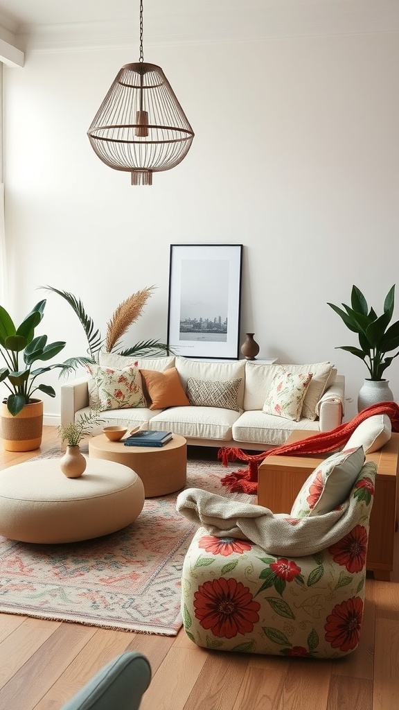 A modern boho living room with floral prints on cushions and chairs, featuring a cozy sofa, plants, and decorative accessories.