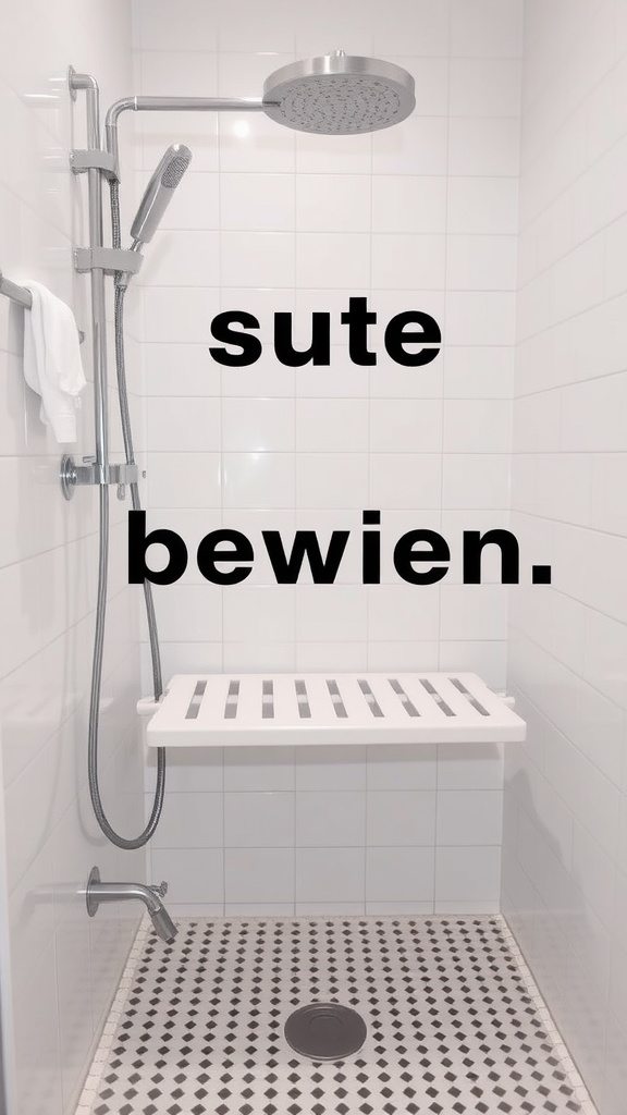 A modern shower with a foldable white bench, sleek showerhead, and patterned floor tiles.