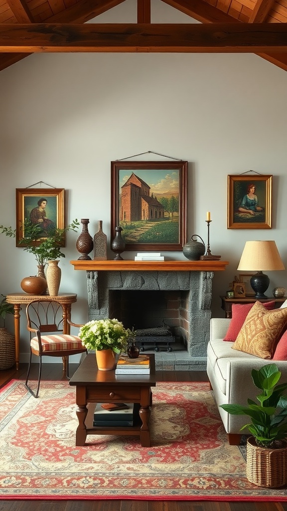 Living room with folk art pieces, a stone fireplace, and rustic decor.